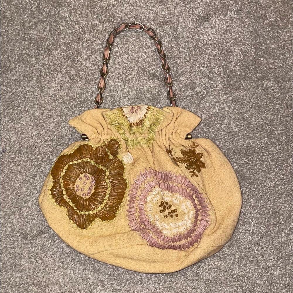 Floral Embroidered Beige/Yellow Hand Bag